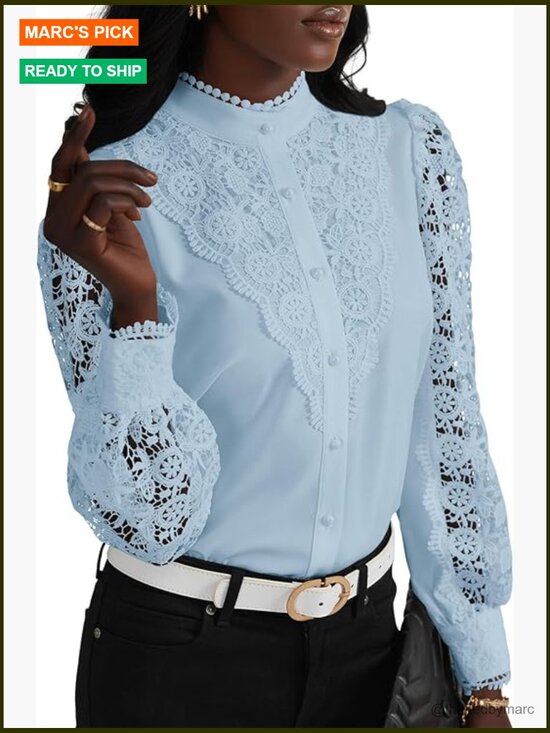 Tops - Mock Neck Lace Blouse Long Sleeve Button Down Crochet Top Work